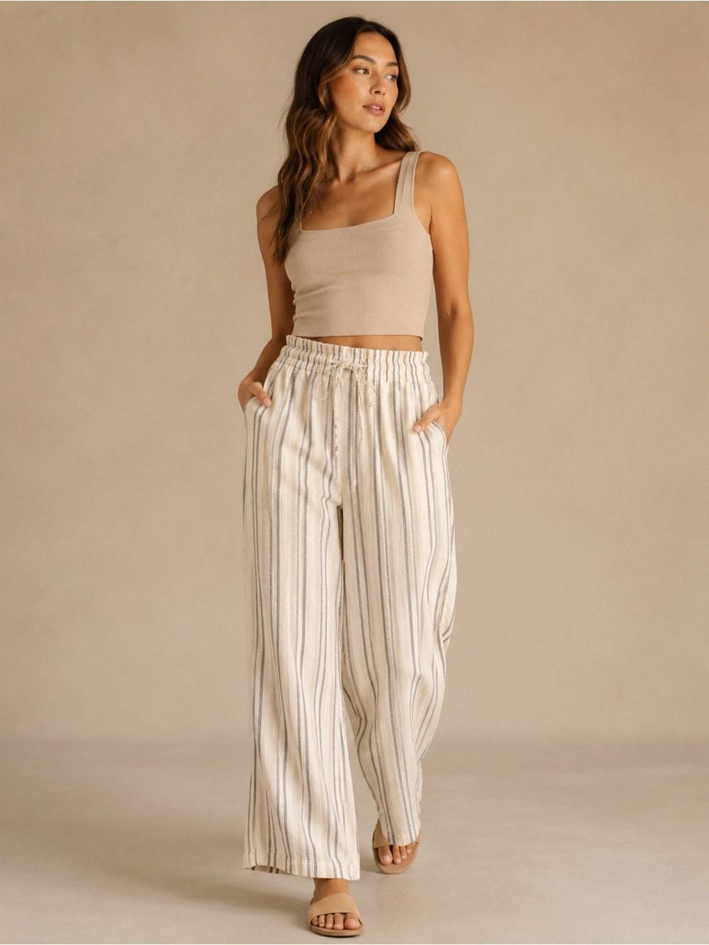 next Cream and Beige Striped Wide-Leg Pants